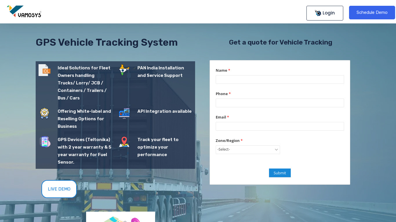 Vehicle Tracking System For Fleets Landing page