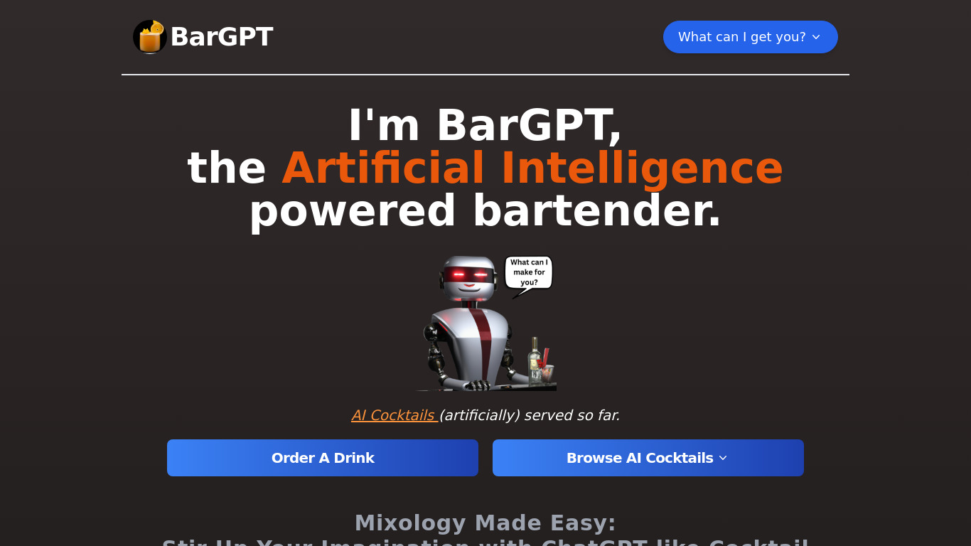 BarGPT AI-Powered Bartender Landing page