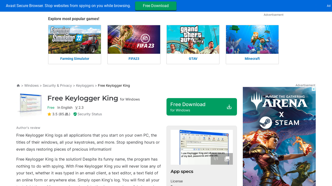 Free Keylogger King Landing page