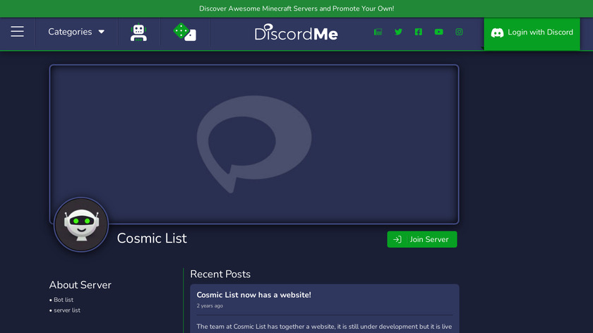 Cosmic List Landing Page