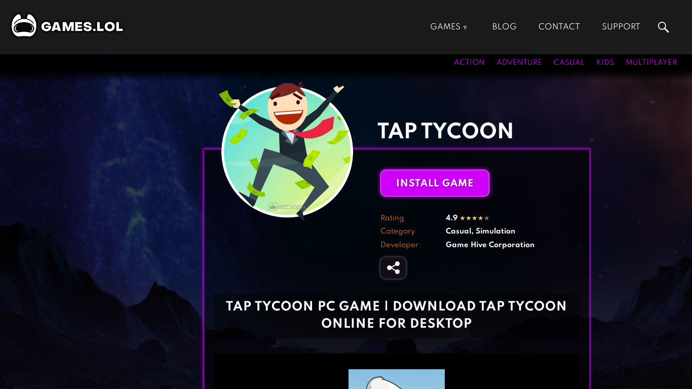 Tap Tycoon Landing page