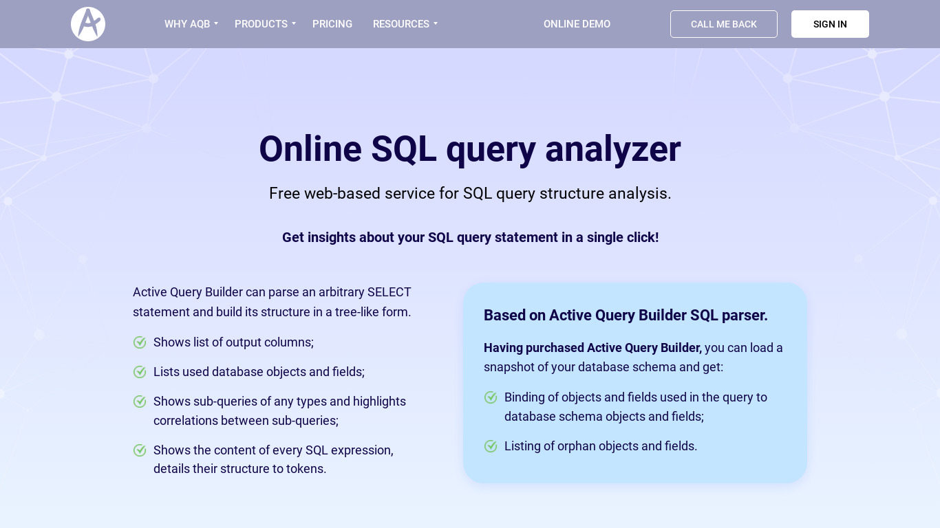 SQL Compact Query Analyzer Landing page