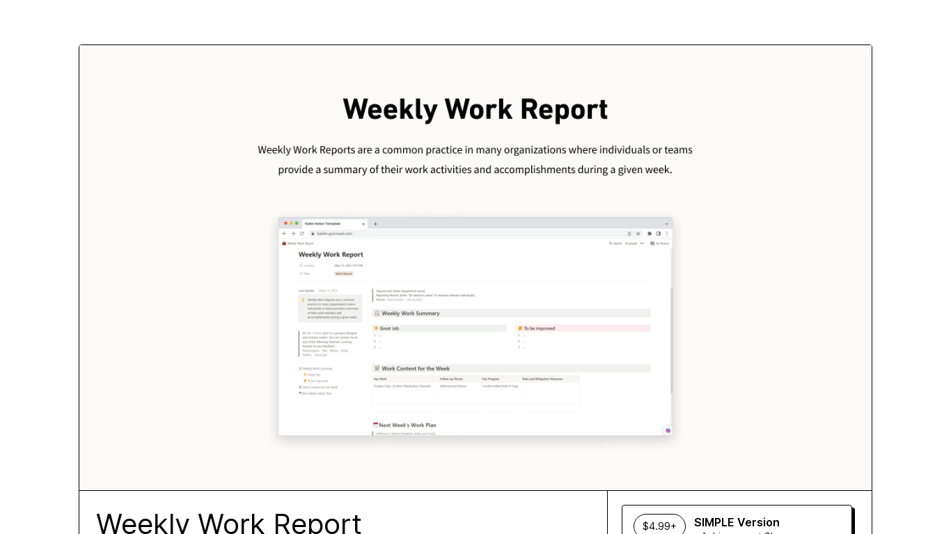 Notion Weekly Work Report Landing page