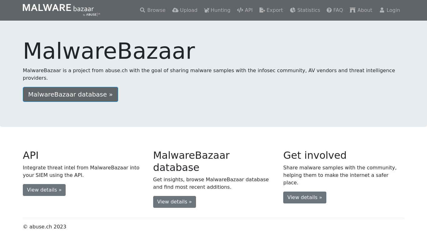 MalwareBazaar Landing page
