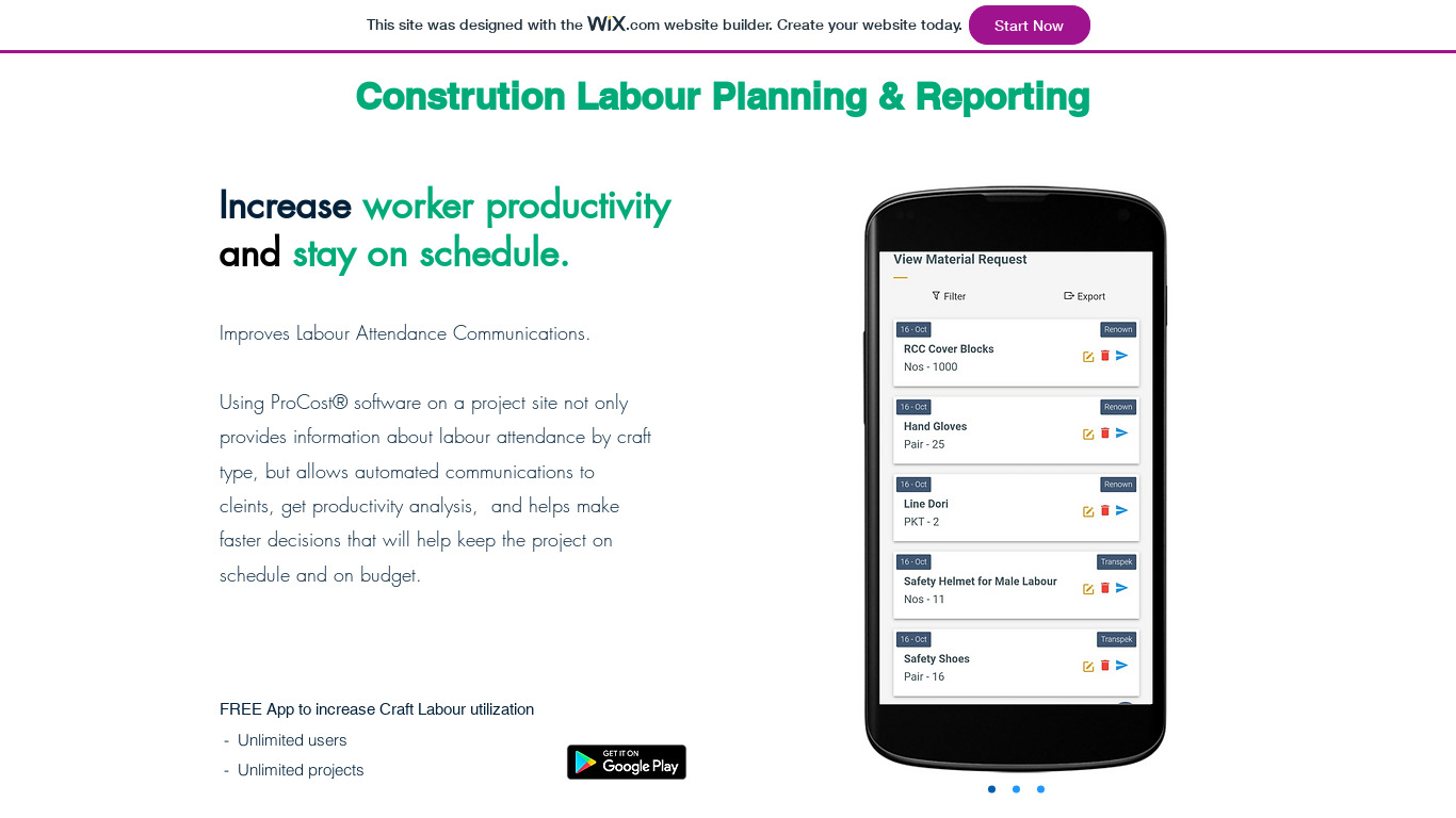 Procost Labour Reporting Landing page
