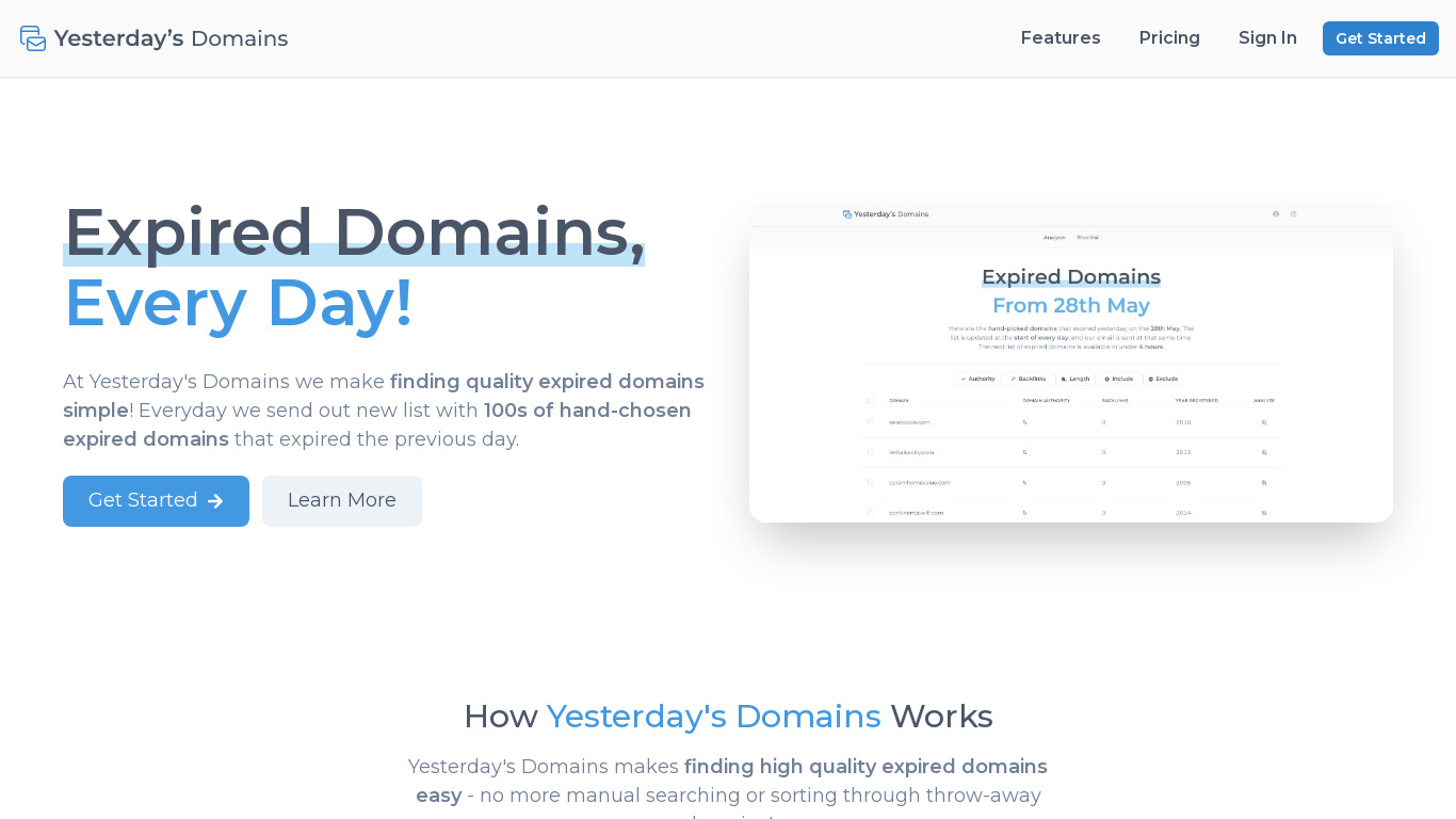 Yesterday's Domains Landing page