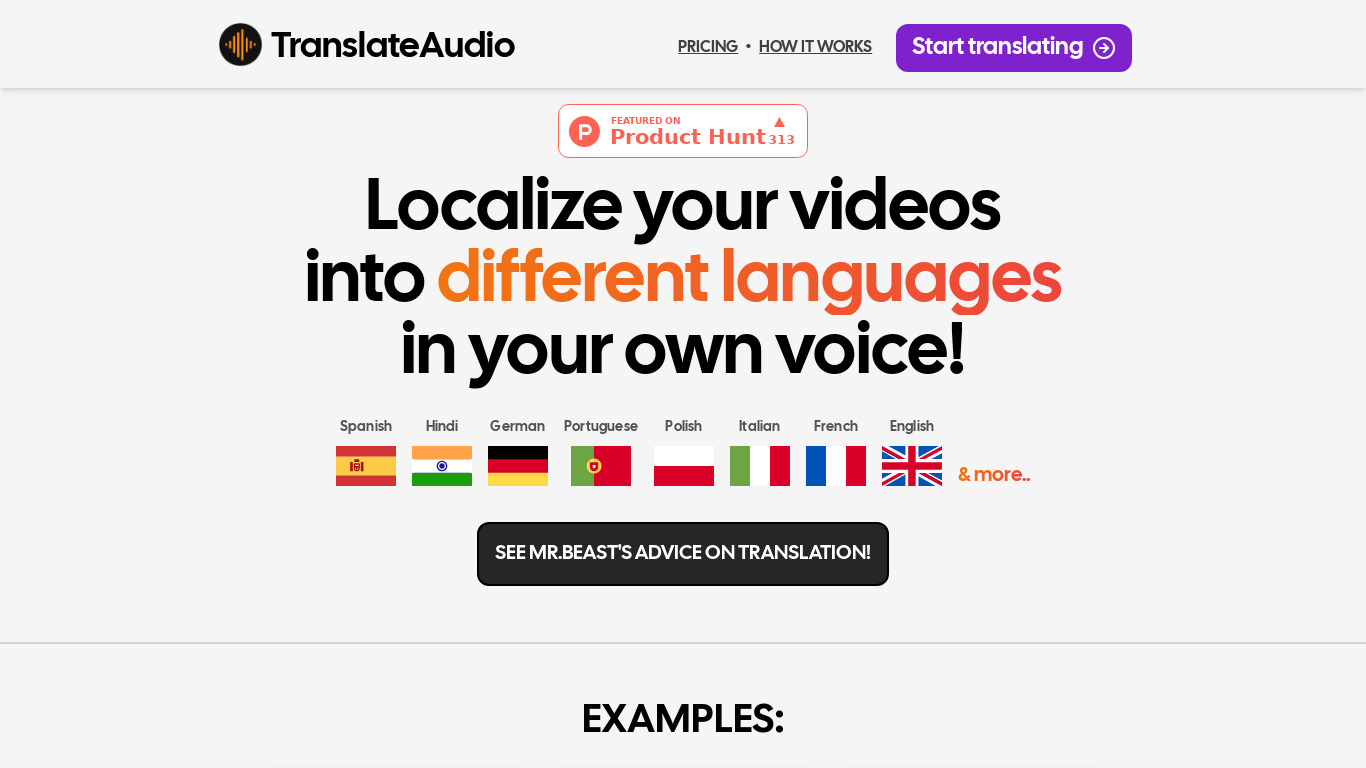 TranslateAudio Landing page