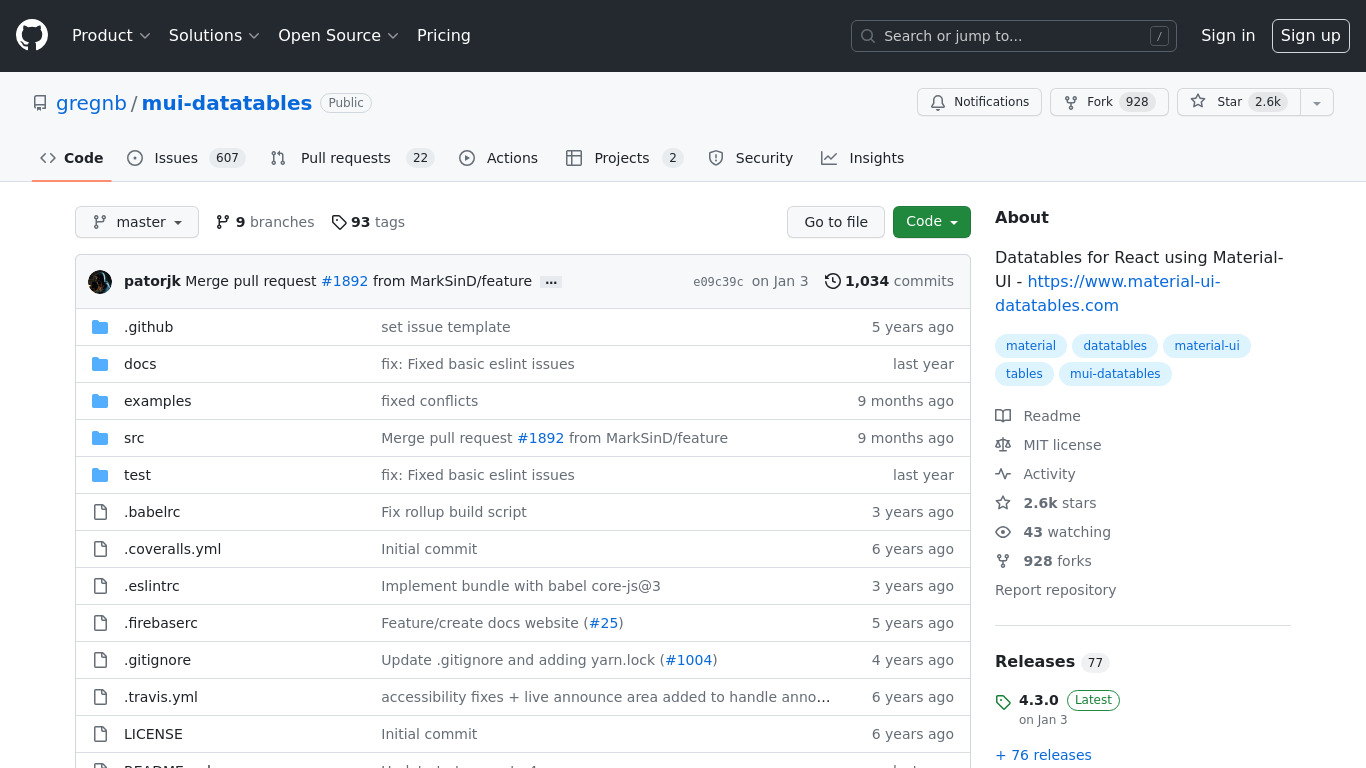 MUI-Datatables Landing page