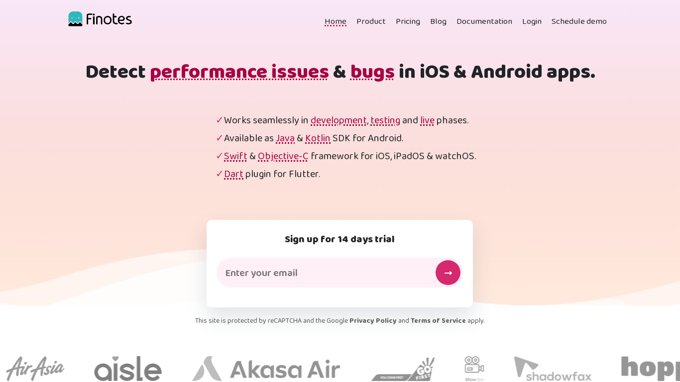 Finotes Landing page
