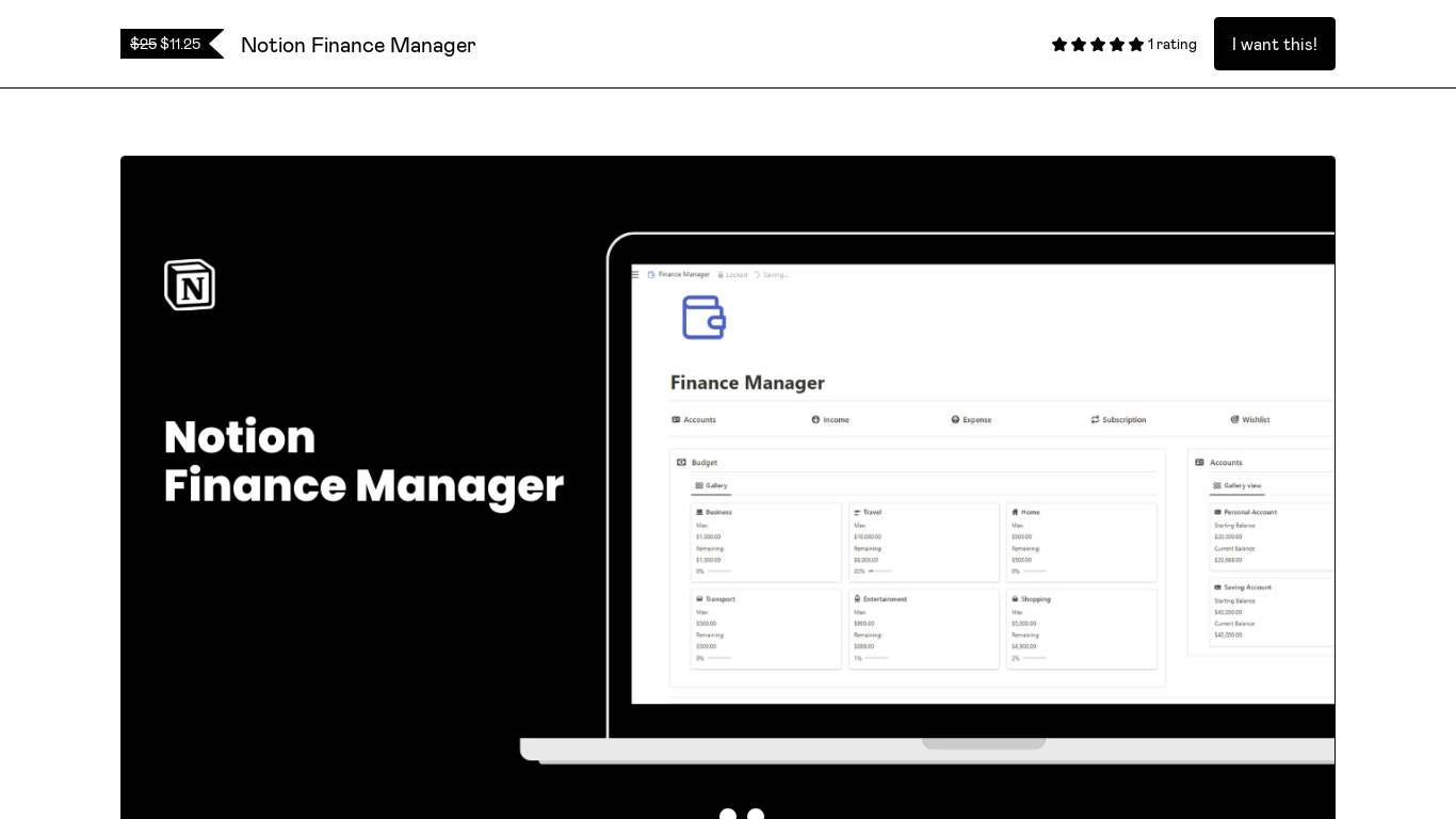 Notion Ultimate Finance Manager Landing page
