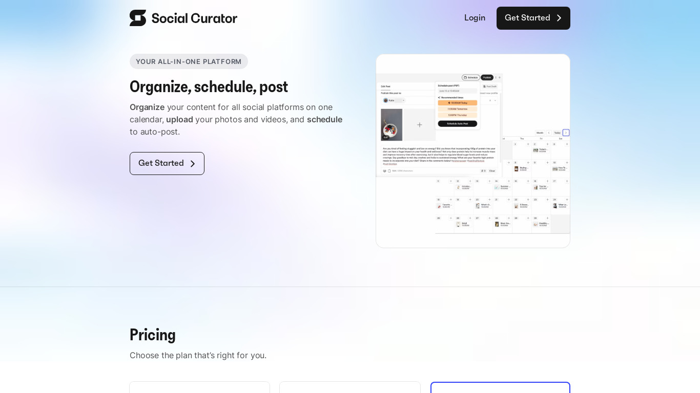 Social Curator Landing page