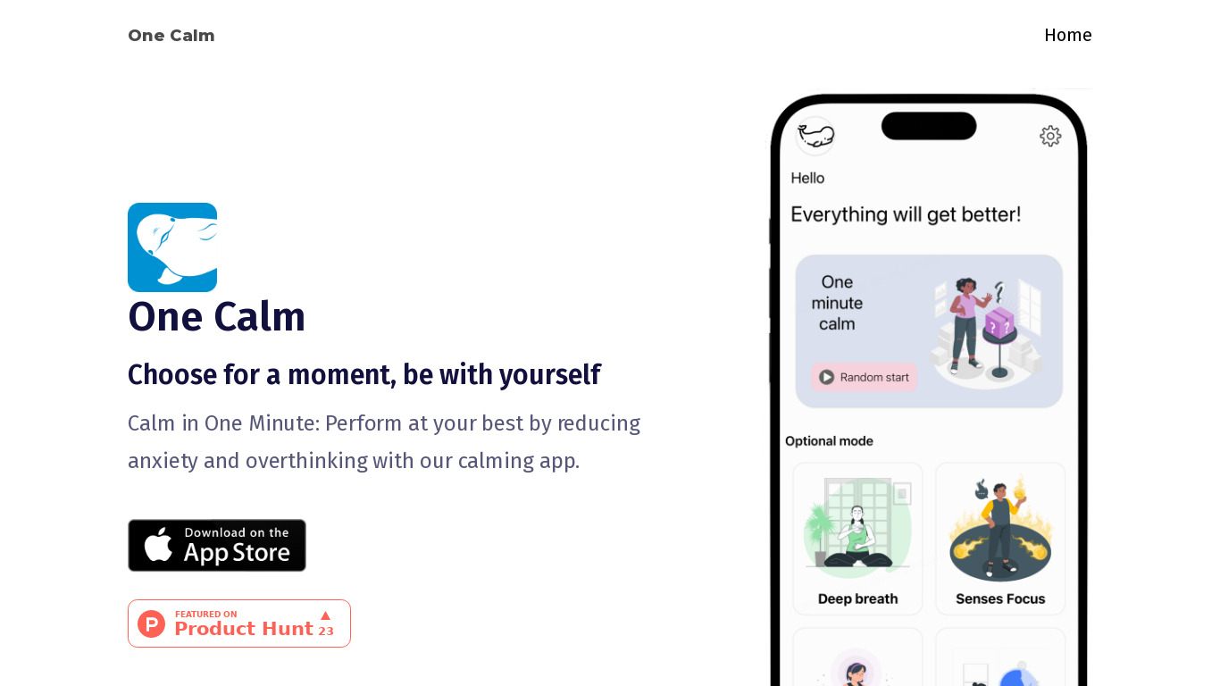 One Calm Landing page