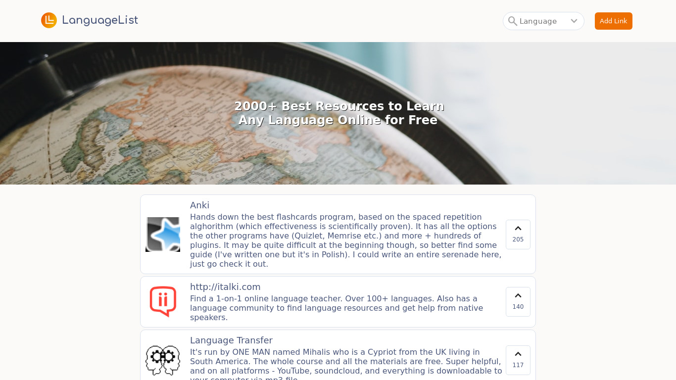 Language List Landing page