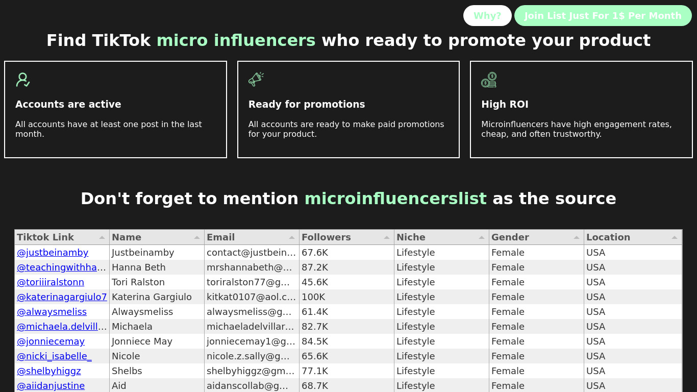 Micro-influencers Landing page