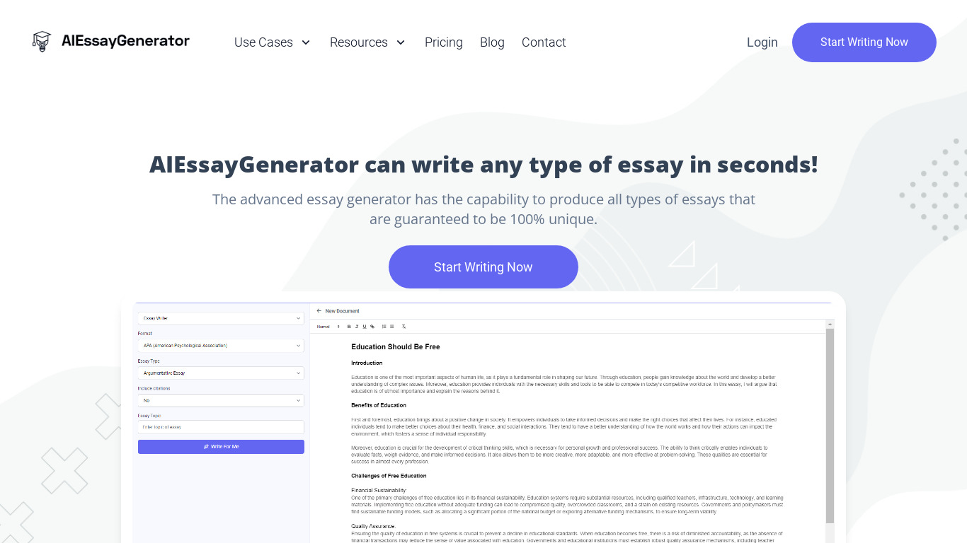 AIEssayGenerator.org Landing page