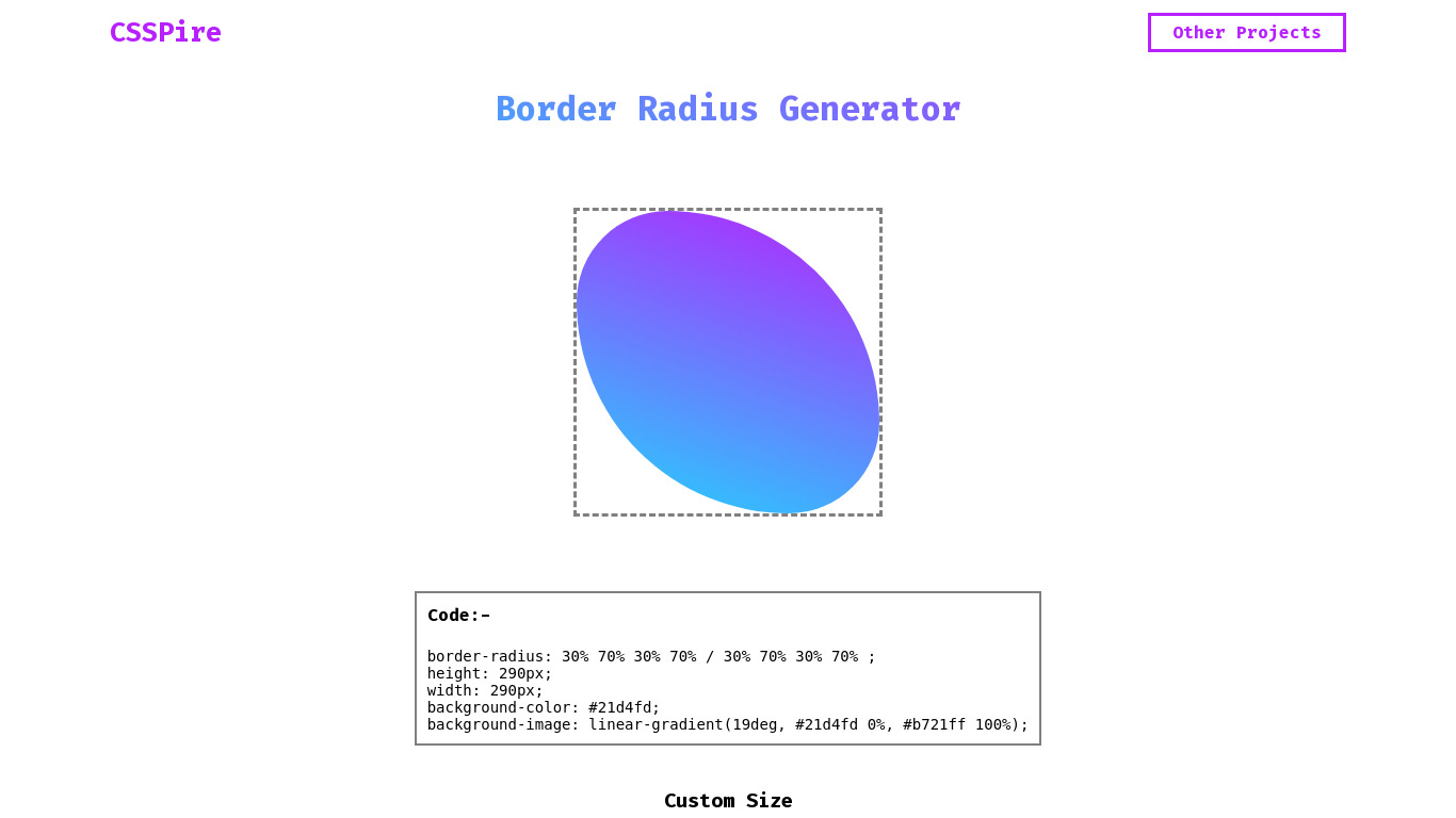CSS Border Radius generator Landing page