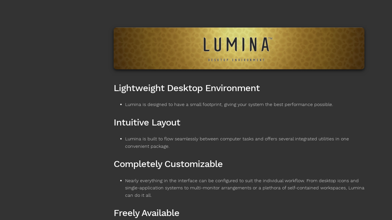 Lumina Desktop Environment Landing page