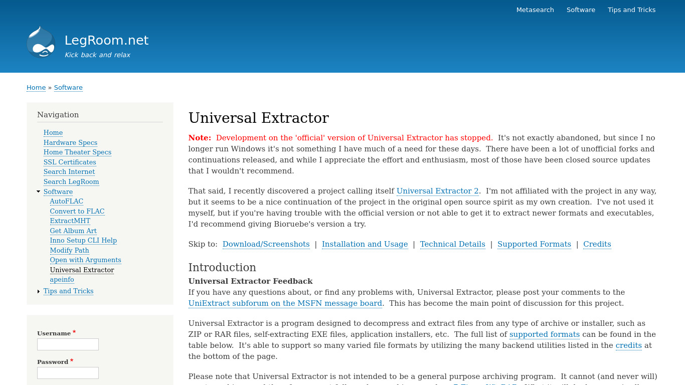 Universal Extractor Landing page