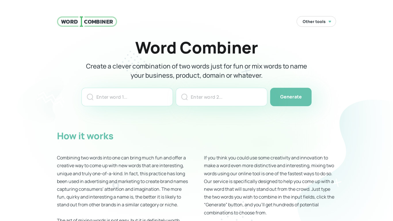 Word Combiner Landing page