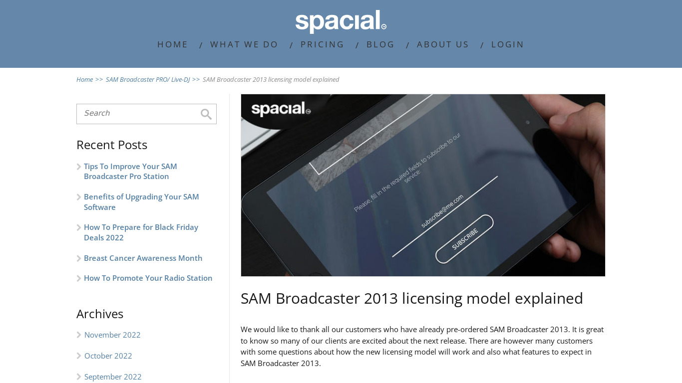 SAM Broadcaster Landing page
