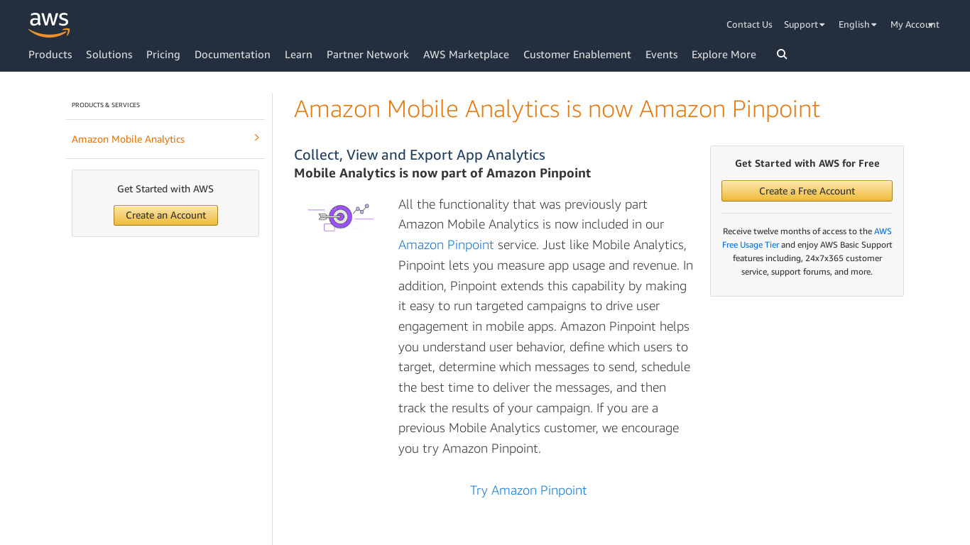 Amazon Mobile Analytics Landing page