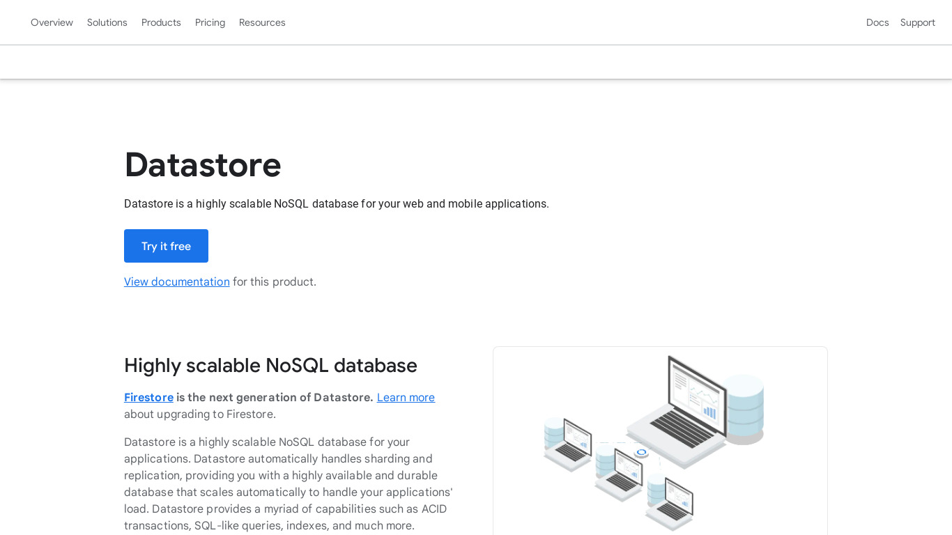 Google Cloud Datastore Landing page