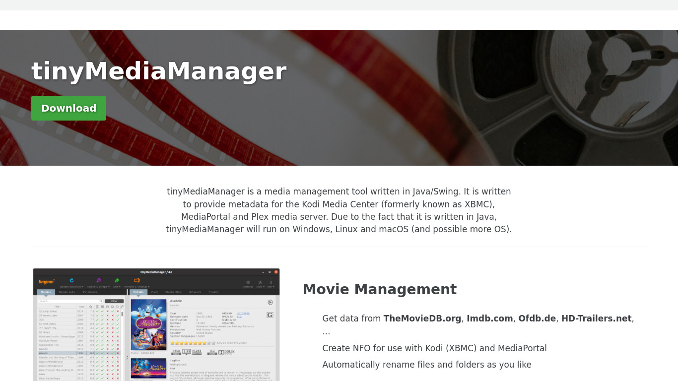 tinyMediaManager Landing page