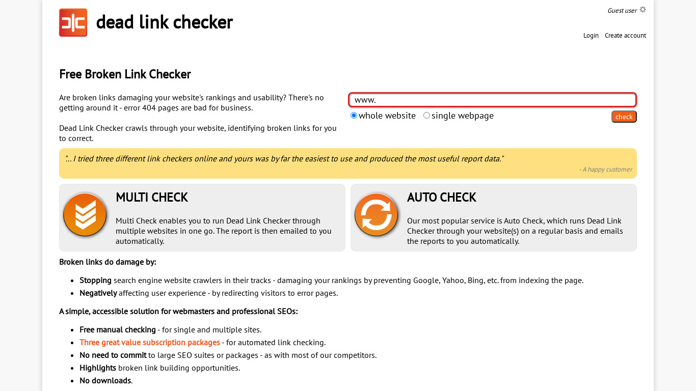 Dead Link Checker Landing page