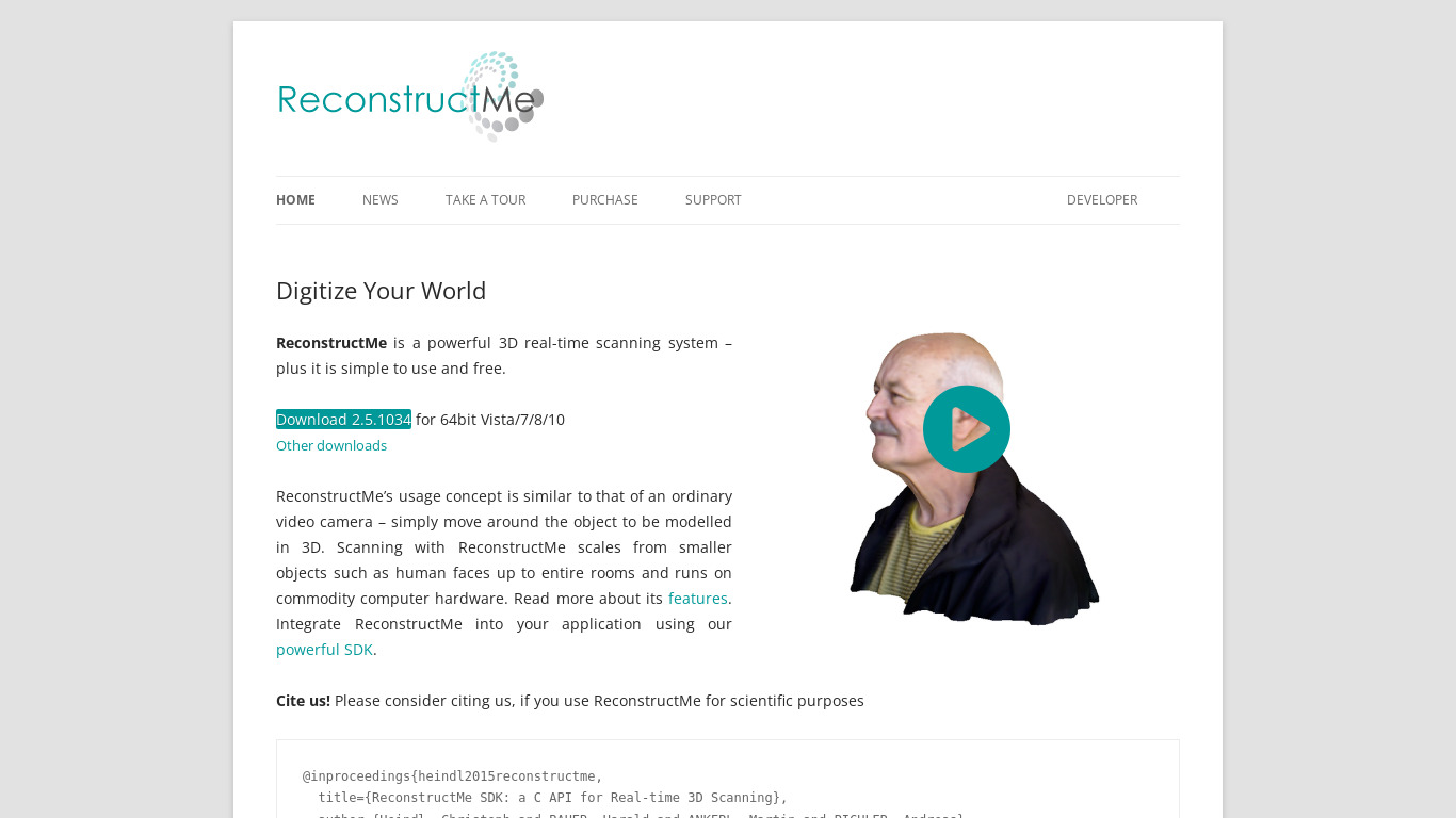 ReconstructMe Landing page