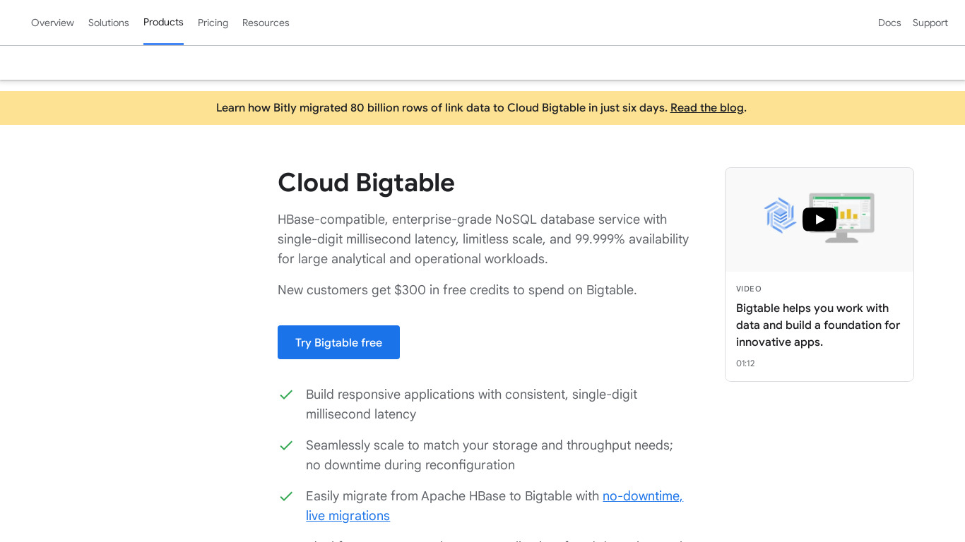 Google Cloud Bigtable Landing page