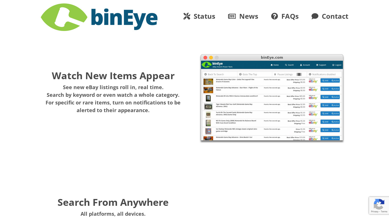 binEye Buy-It-Now Catcher Landing page