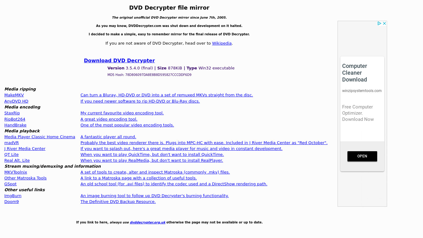 DVD Decrypter Landing page