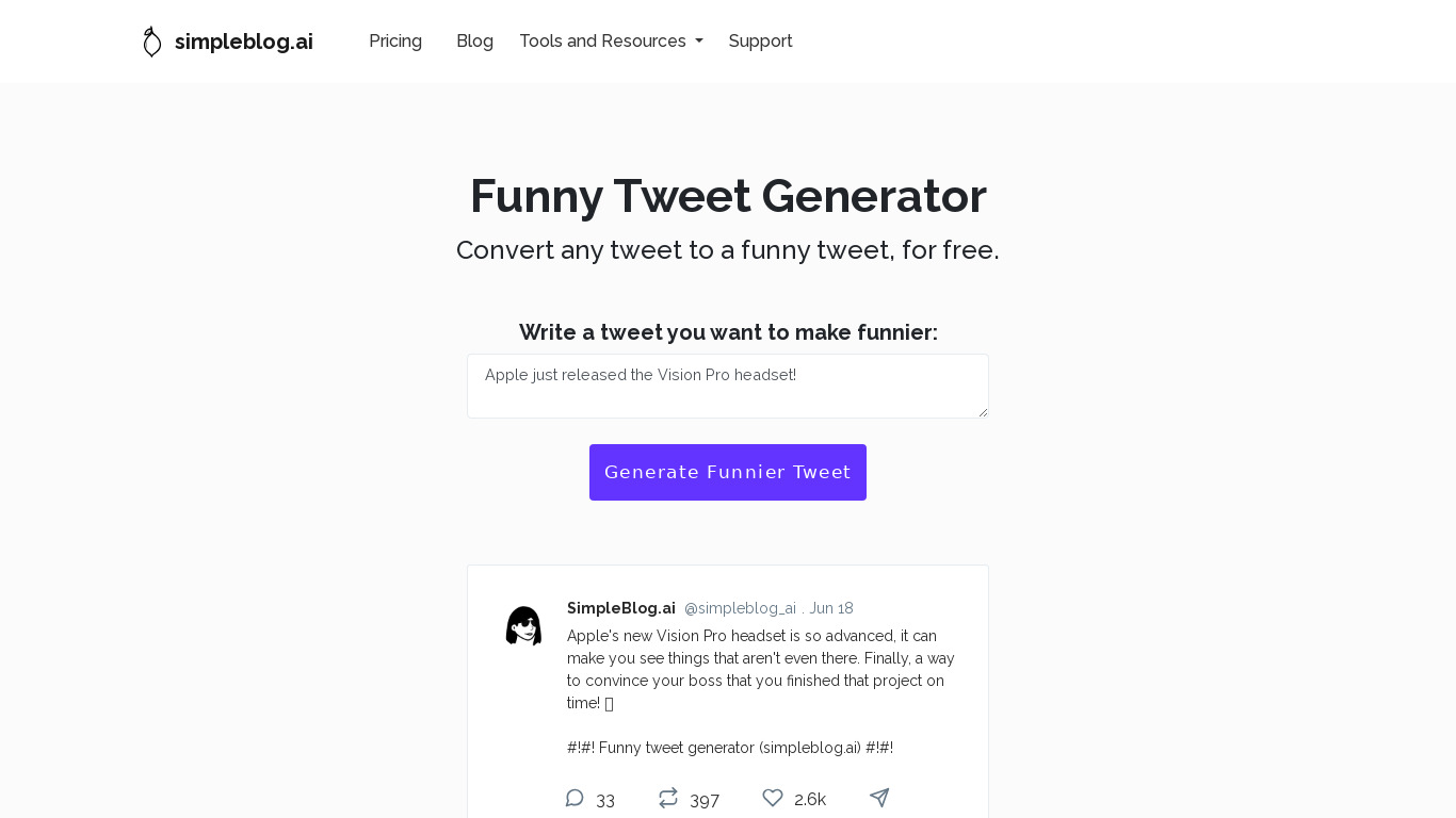 Free Funny Tweet Generator Landing page