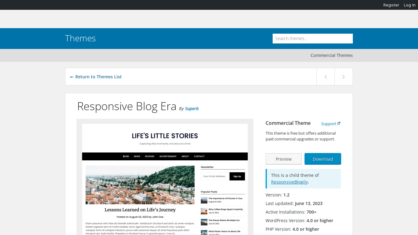 Responsive Blog Era - WordPress Theme Landing page