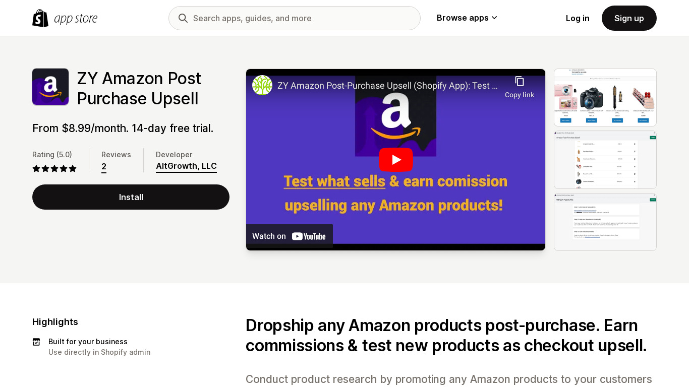 Amazon Post-Purchase Upsell: Shopify App Landing page