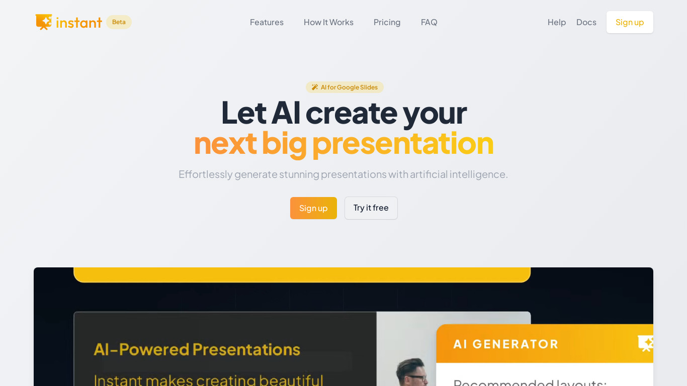 Instant AI for Google Slides Landing page