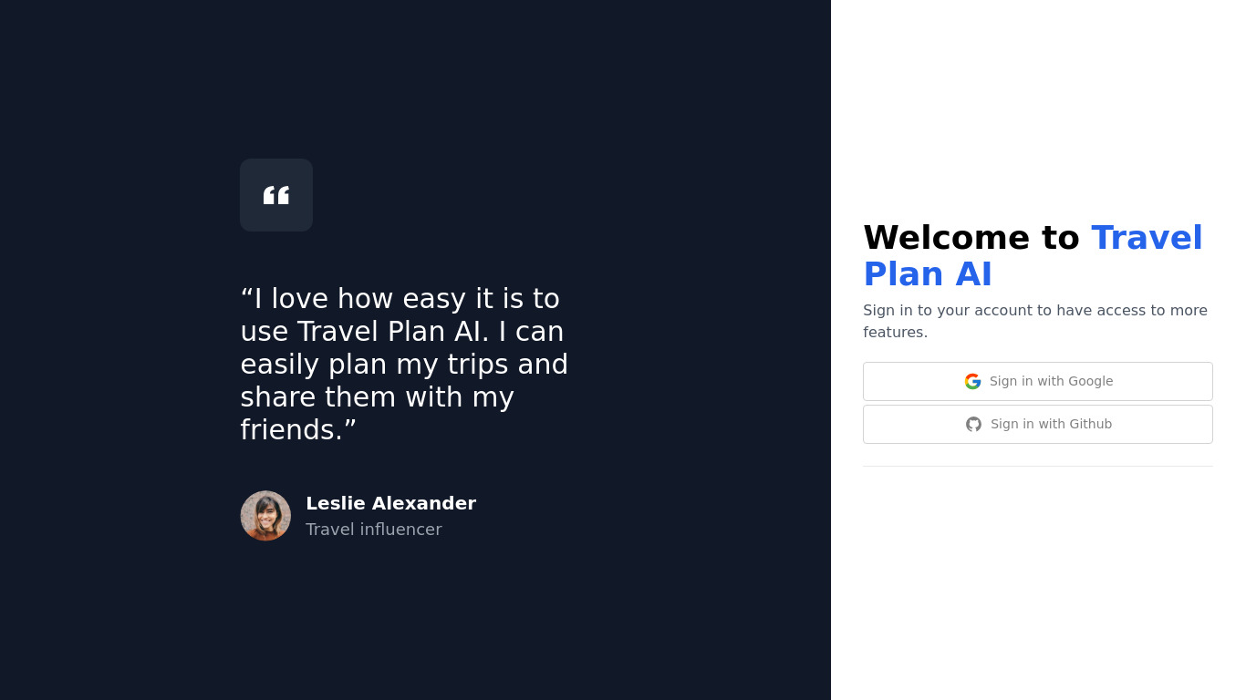 Travel Plan AI Landing page