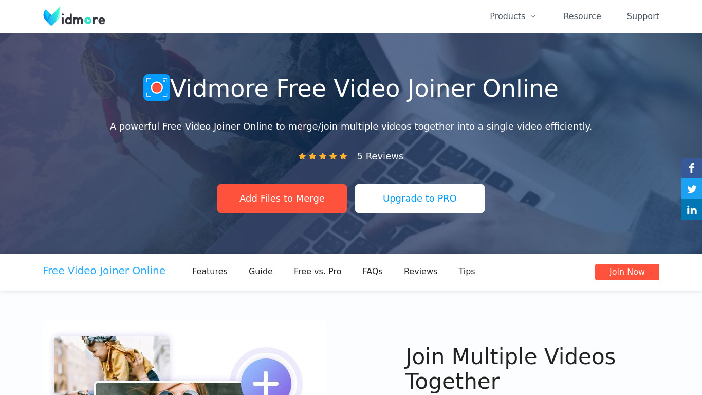 Vidmore Free Online Video Joiner Landing page