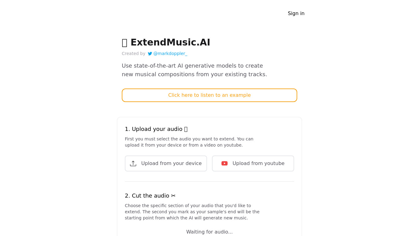 ExtendMusic.AI Landing page