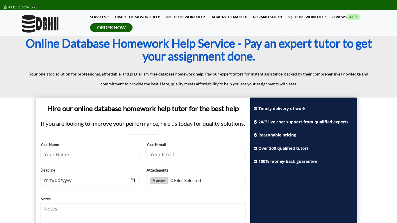Database Homework Help Landing page