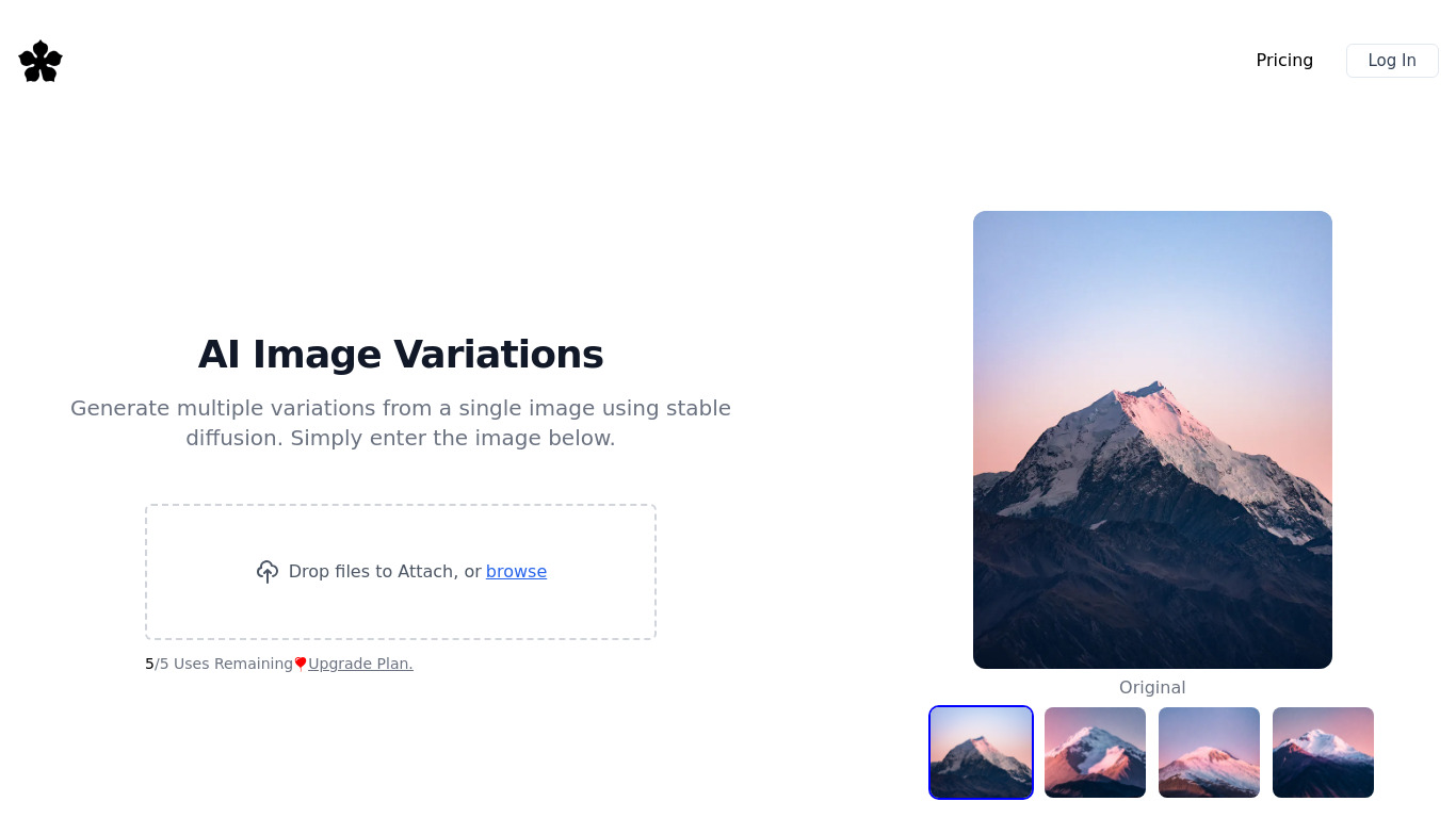 AI Image Variations Landing page