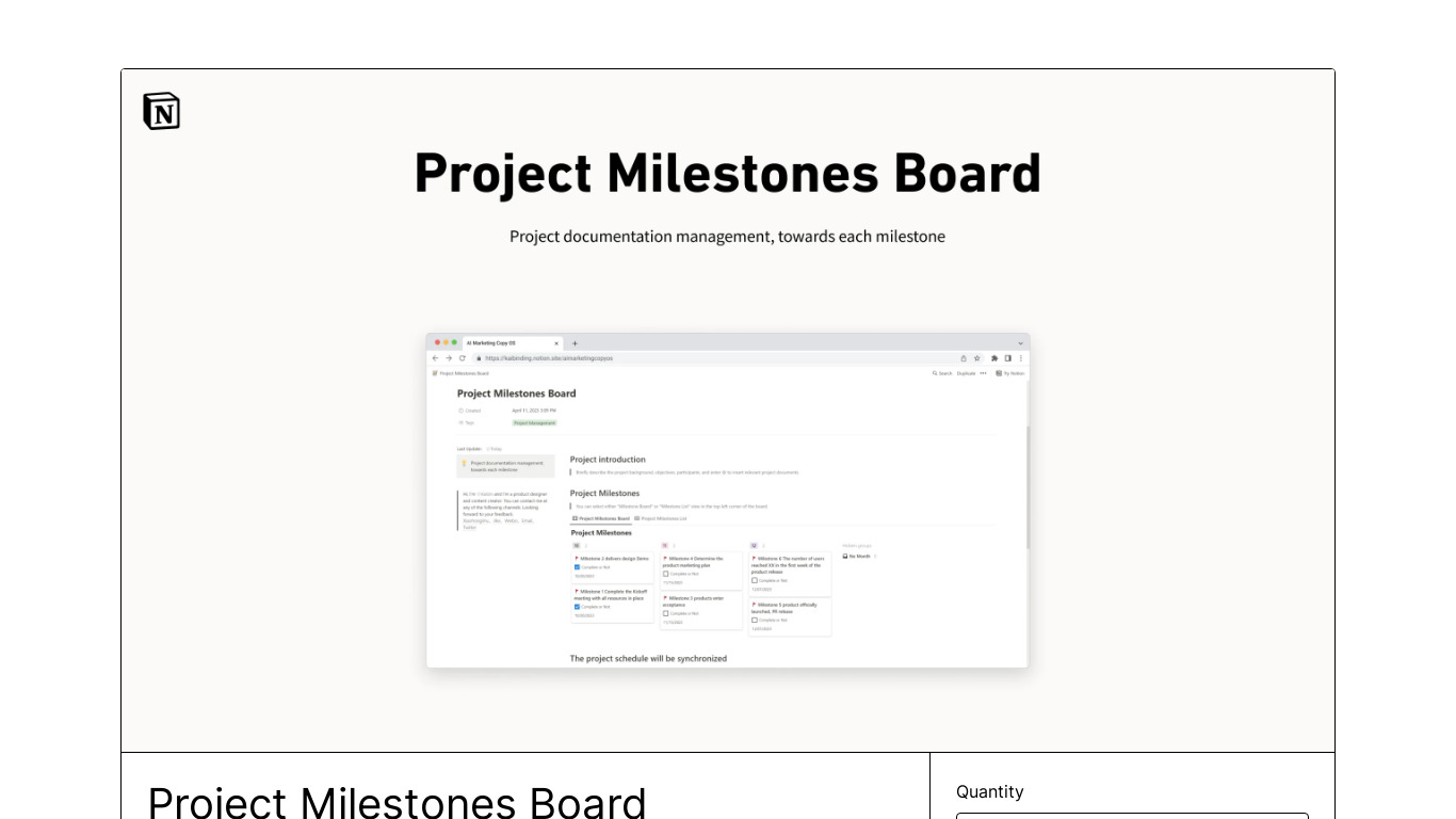 Notion Project Milestones Board Landing page