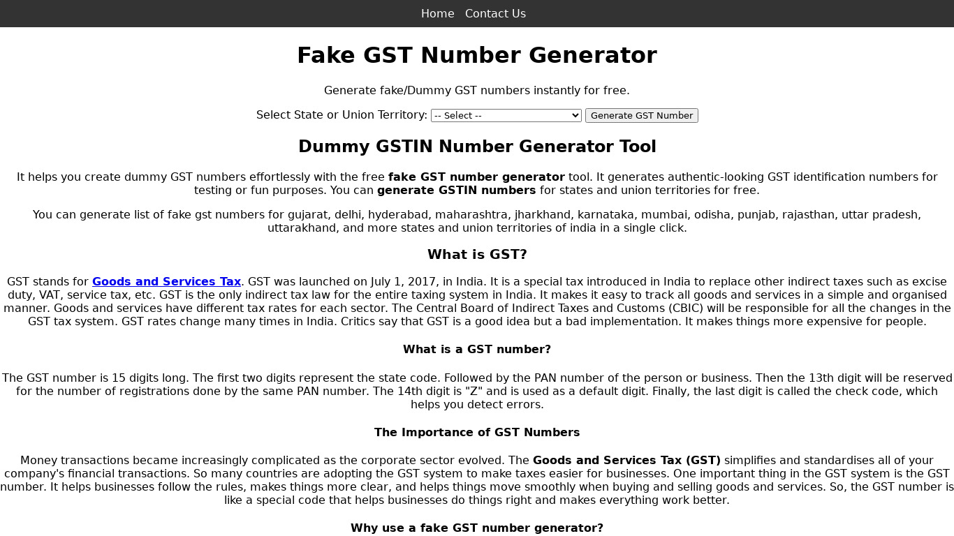 Fake GST Number Generator Landing page