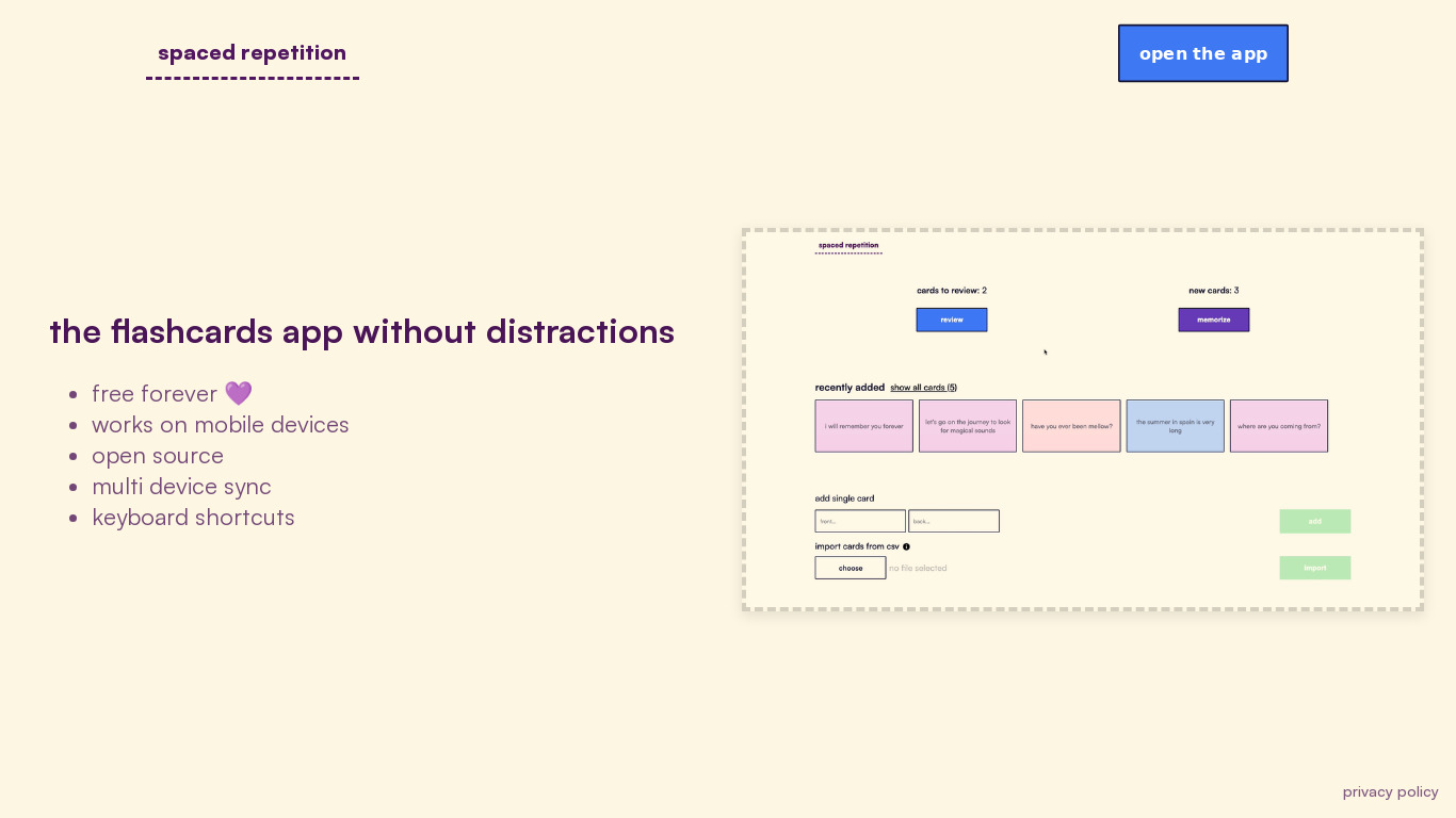 spaced repetition Landing page