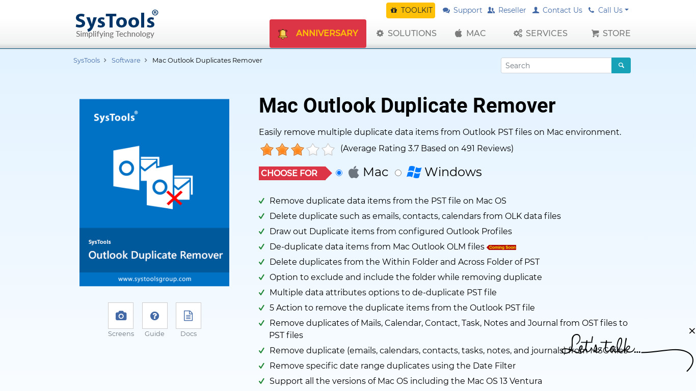 SysTools Mac Outlook Duplicate Remover Landing page