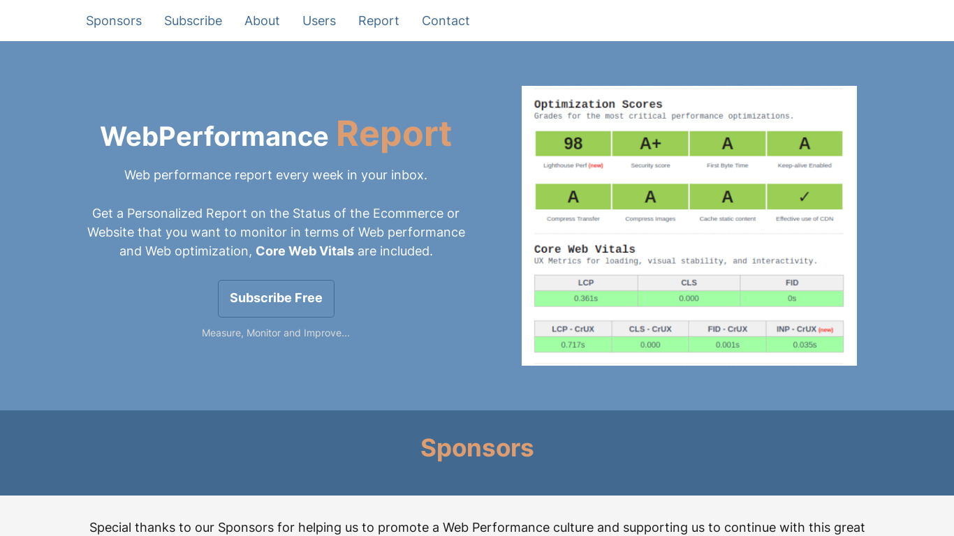 WebPerformance Report Landing page