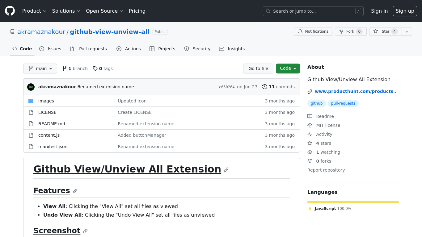 Github View/Unview All Extension Landing page