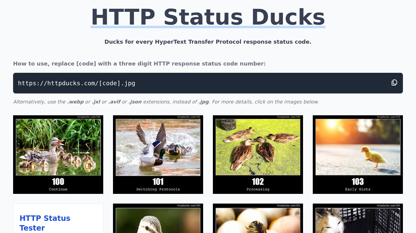 HTTP Status Ducks API Landing page