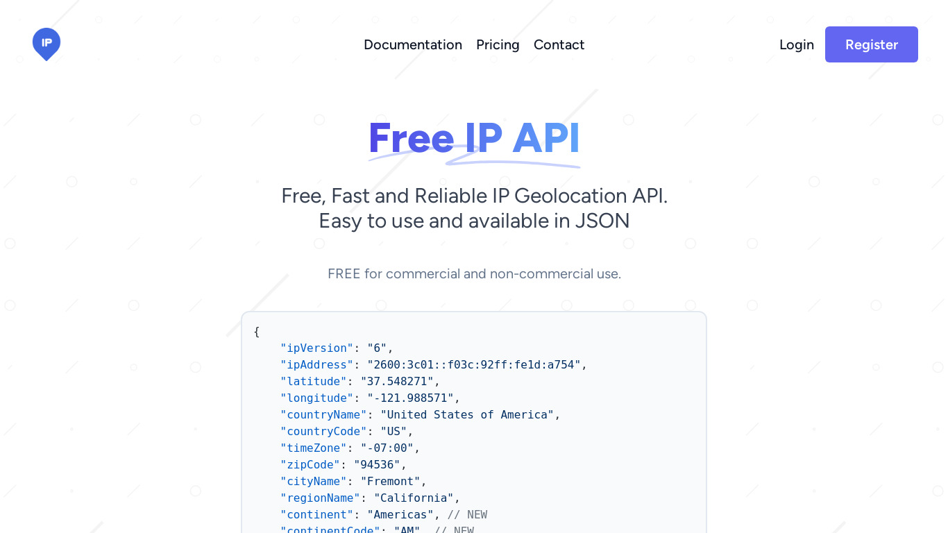 Free IP API Landing page
