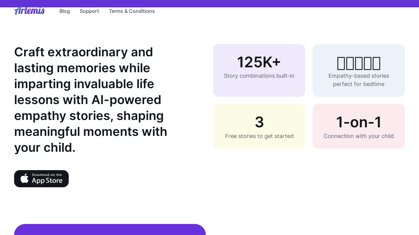 Artemis AI: Bedtime stories with heart Landing page